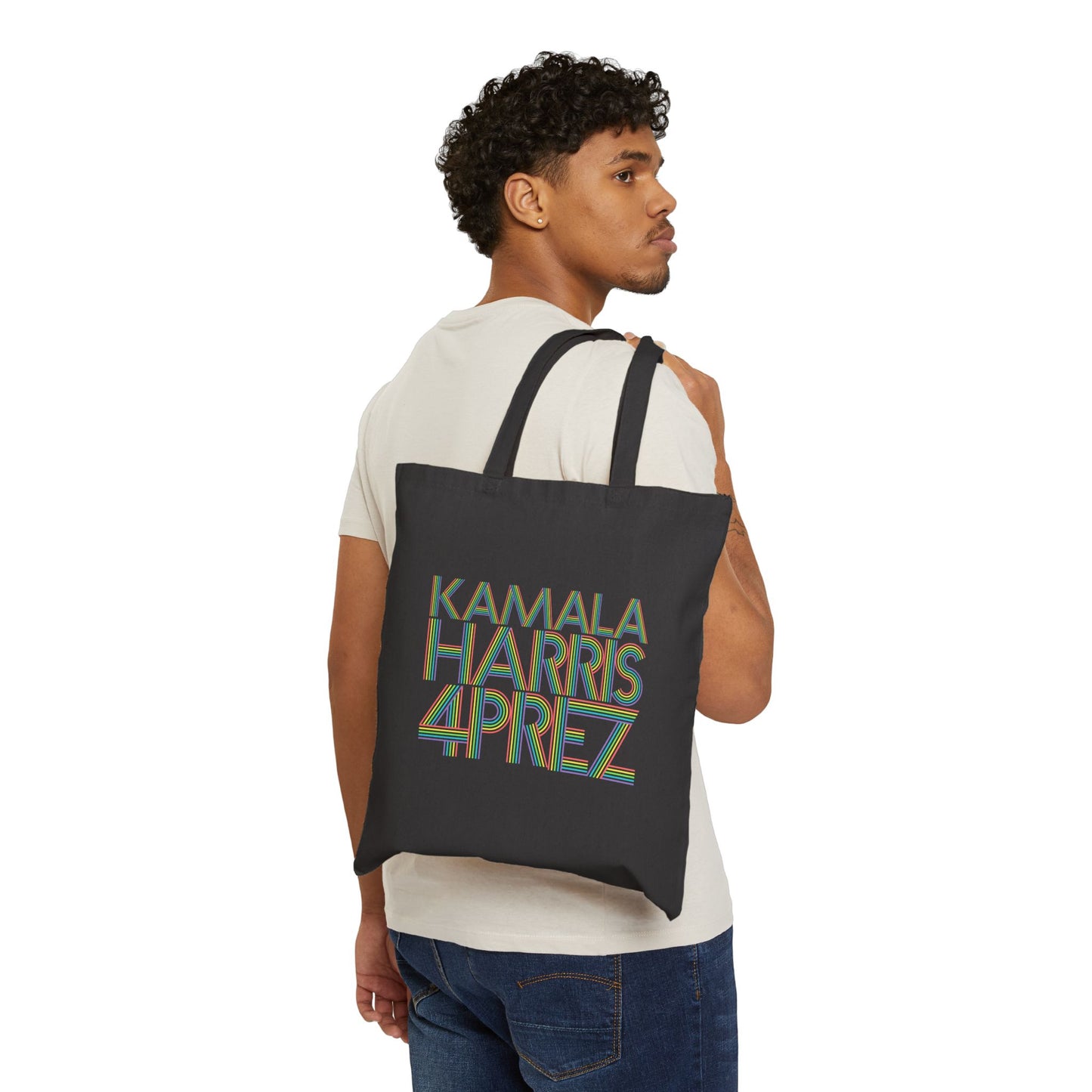 Kamala Harris 4 Prez Linear Rainbow Letters Cotton Canvas Tote Bag