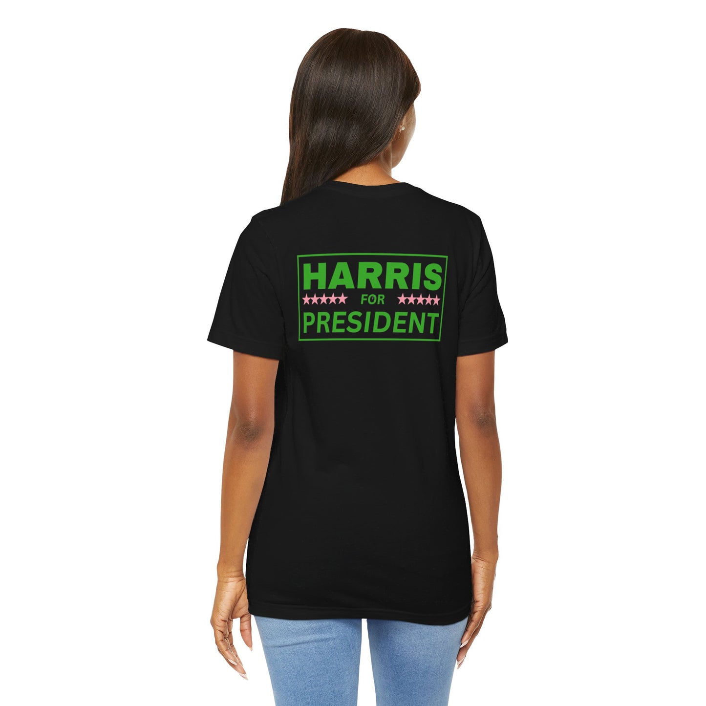 Salmon Pink and Apple Green Harris for President (Front Flag) | Unisex Jersey Short Sleeve Tee