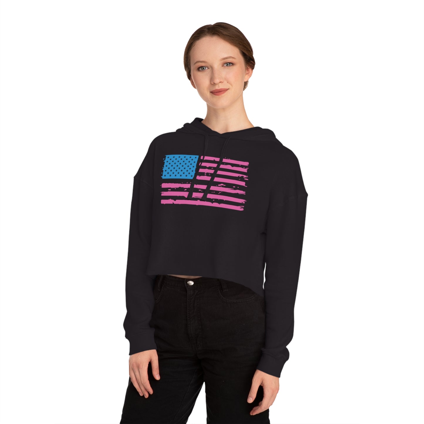 Pink and Blue American Flag Women’s Cropped Hooded Sweatshirt