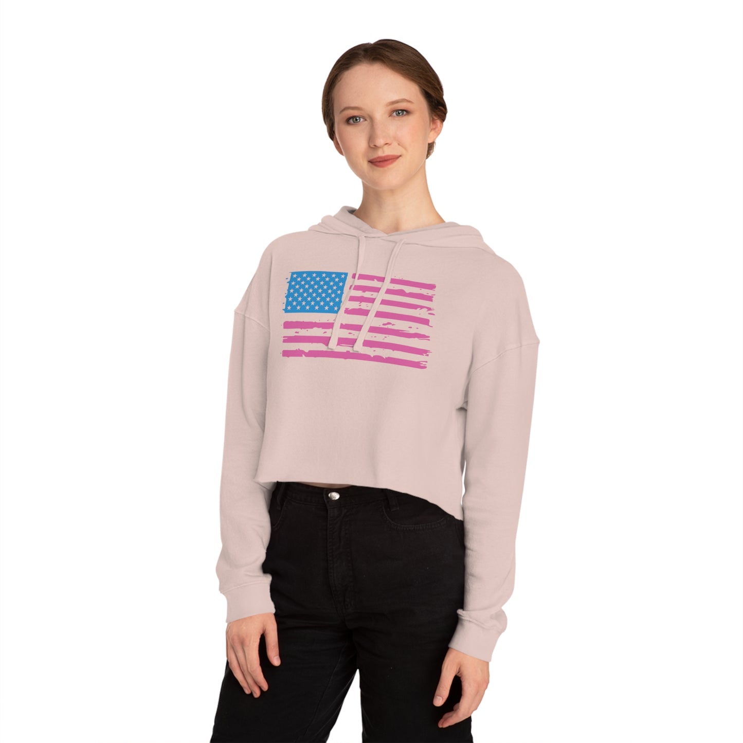 Pink and Blue American Flag Women’s Cropped Hooded Sweatshirt