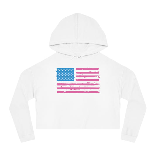 Pink and Blue American Flag Women’s Cropped Hooded Sweatshirt