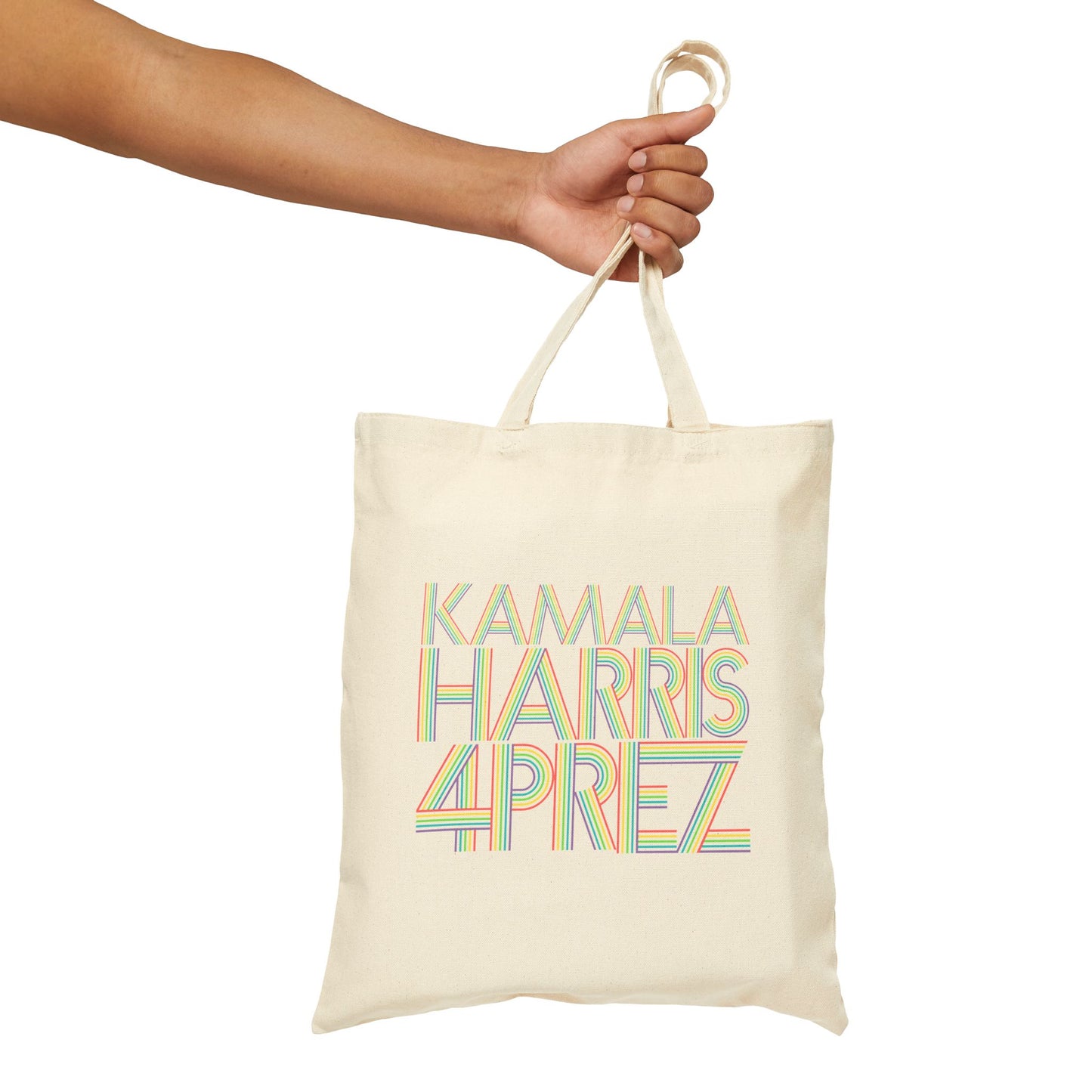 Kamala Harris 4 Prez Linear Rainbow Letters Cotton Canvas Tote Bag