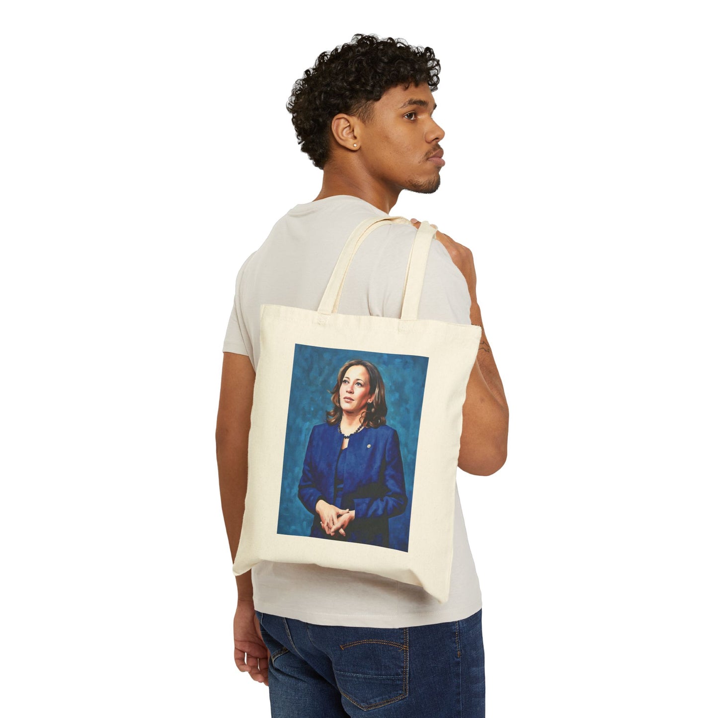 Kamala Harris Blue Oil Portrait (1-side) Cotton Canvas Tote Bag