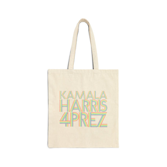 Kamala Harris 4 Prez Linear Rainbow Letters Cotton Canvas Tote Bag