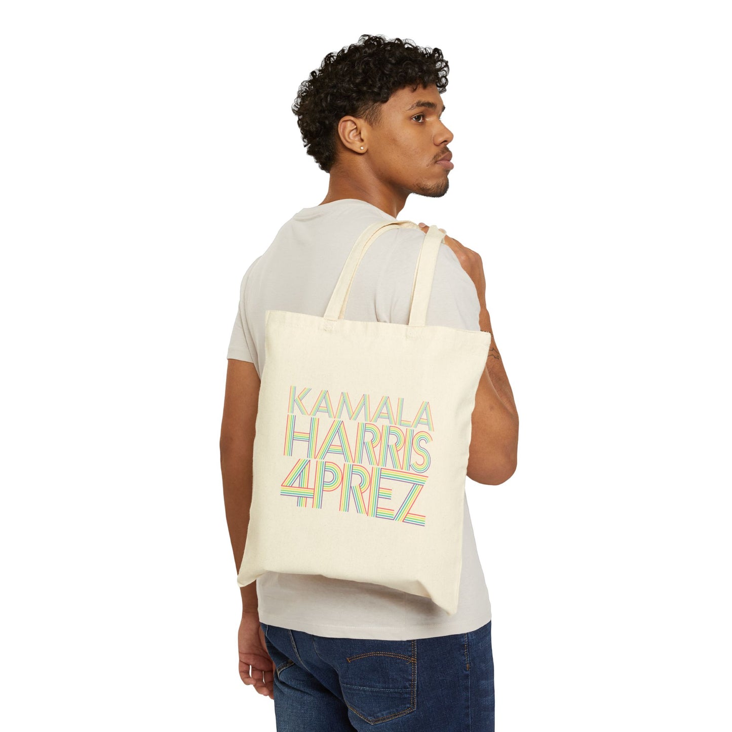 Kamala Harris 4 Prez Linear Rainbow Letters Cotton Canvas Tote Bag