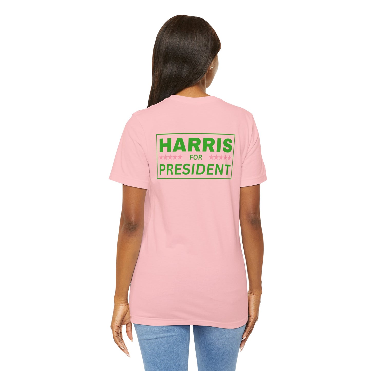 Salmon Pink and Apple Green Harris for President (Front Flag) | Unisex Jersey Short Sleeve Tee