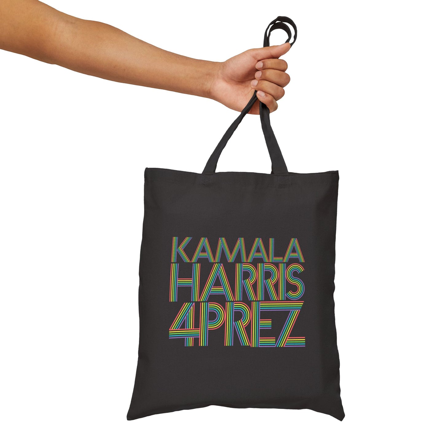 Kamala Harris 4 Prez Linear Rainbow Letters Cotton Canvas Tote Bag