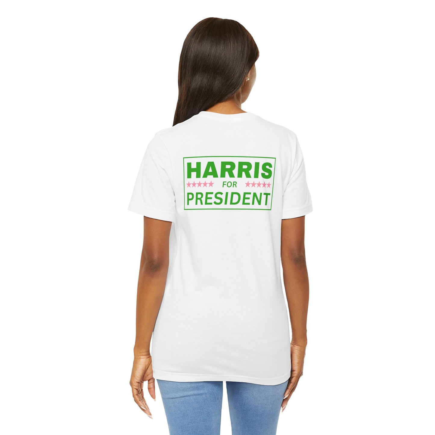 Salmon Pink and Apple Green Harris for President (Front Flag) | Unisex Jersey Short Sleeve Tee