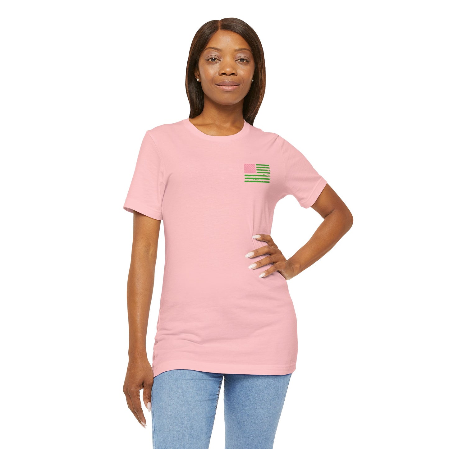 Salmon Pink and Apple Green Harris for President (Front Flag) | Unisex Jersey Short Sleeve Tee